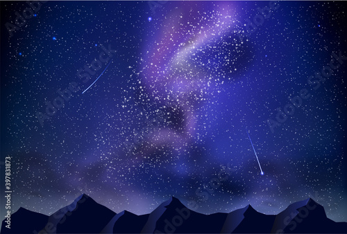 Vector background with realistic night landscape. Night sky with milky way 