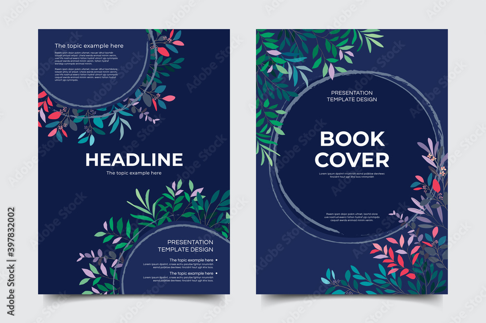 Set of abstract leaves vector modern background. Minimal trendy style organic shapes with blue background. Brochure, cover template, leaflet, magazine