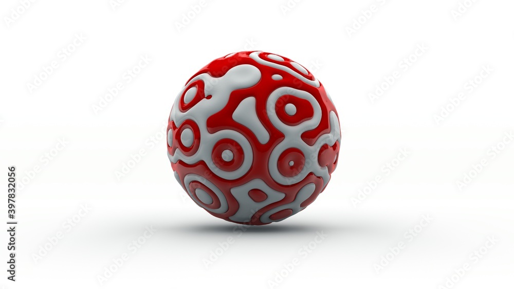 3D rendering of a metamorphosed sphere, an amorphous sphere with convolutions and flexible waves of white and red color. Wrinkled surface, flexible outline, smooth shape. A futuristic, fantastic item.