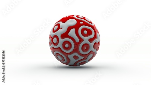3D rendering of a metamorphosed sphere, an amorphous sphere with convolutions and flexible waves of white and red color. Wrinkled surface, flexible outline, smooth shape. A futuristic, fantastic item.