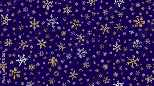 Golden snowflakes background. Luxury vector Christmas seamless pattern with small gold and silver snow flakes on dark blue backdrop. Winter holidays design for decor, wallpapers, wrapping, website