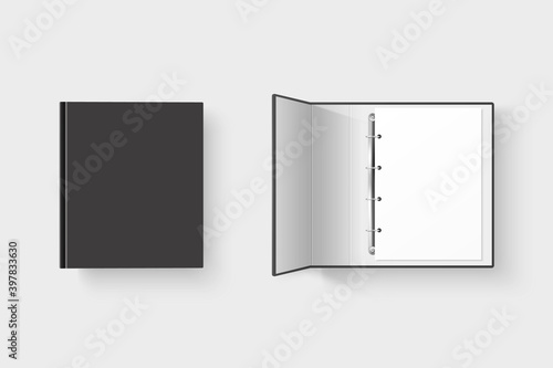 Vector 3d Closed and Opened Realistic Black Blank, Empty Office Binder Set with Metal Rings for A4 Paper Sheet Closeup Isolated on White Background. Design Template, Mockup, Top View