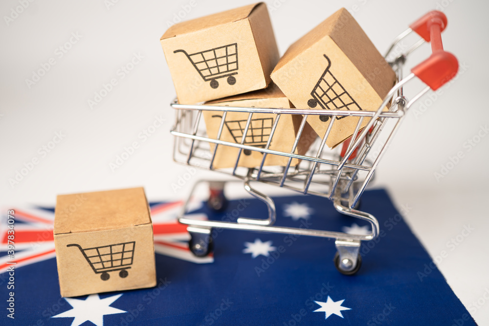 Box with shopping cart logo and Australia flag, Import Export Shopping online or eCommerce finance delivery service store product shipping, trade, supplier concept.