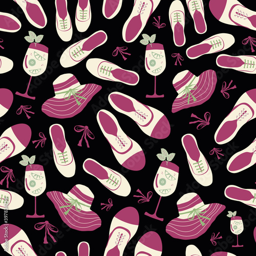 Vintage summer night party seamless vector pattern background. Midcentury style design with shoes, hats, drinks on black backdrop. Elegant hand drawn all over print for celebration concept