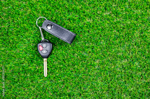 A car key with remote control on green grass.