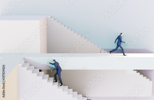 3D render illustration, Business people running on stairs towards success in abstract environment represents solving the problems, finding the right way, advisory, competition and achievement 