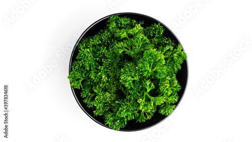 Greenery. Sprigs of curled parsley on a white background. Macro photo. High quality photo