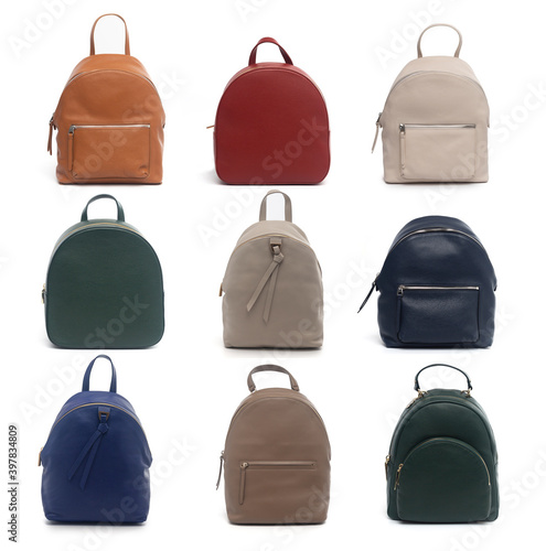 group of colored leather women backpacks isolated on white background