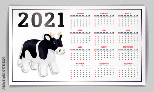 Calendar for 2021. According to the Chinese calendar, the year of the Ox. Christmas character sticker, cute black bull with a nose ring. Horizontal banner on a white background. Vector illustration.