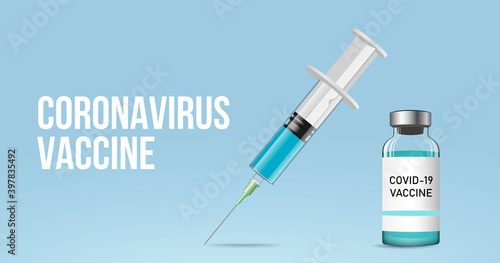 Coronavirus vaccine banner with syringe and ampoule. 3 d syringe with ampoule