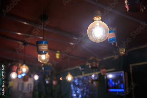 decorative light bulbs in cafe.