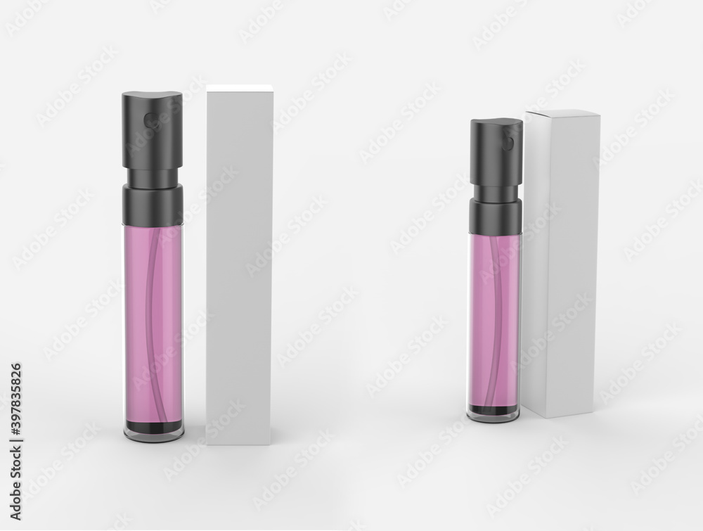 Perfume atomizers template realistic spray case for fragrance. Open packaging isolated on white background. 3d illustration Perfume atomizers template realistic spray case for fragrance. Open packaging isolated on white background. 3d illustration