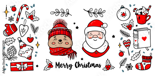 Christmas doodles elements. Cute hand drawn set of icons with Santa, bear, stars, mitten, sock etc. Vector illustration. Design for prints, cards and coloring page. Winter theme poster. 