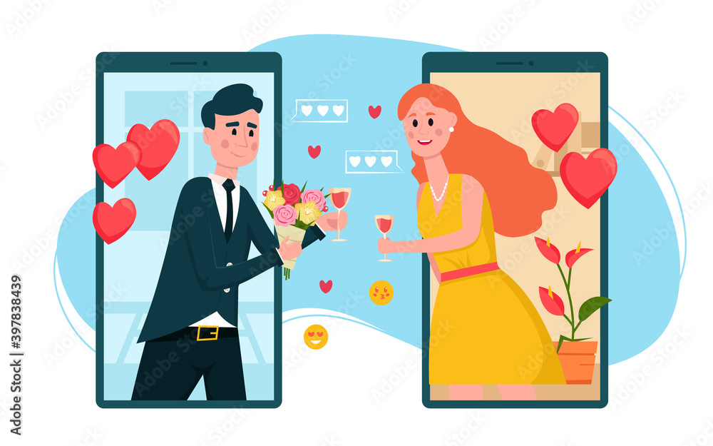 Online Dating. Couple in love using smartphone for virtual relations and communication. Quarantine date. Valentines Day new normal celebration. Vector cartoon illustration.