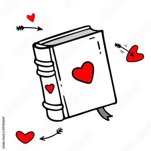 Vector hand drawn book with heart. Outline doodle icon. Sketch illustration for print, web, mobile and infographics isolated on white background. February love month. Valentine day theme