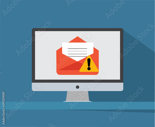 spam email on desktop computer with warning symbol vector illustration, fake email concept 