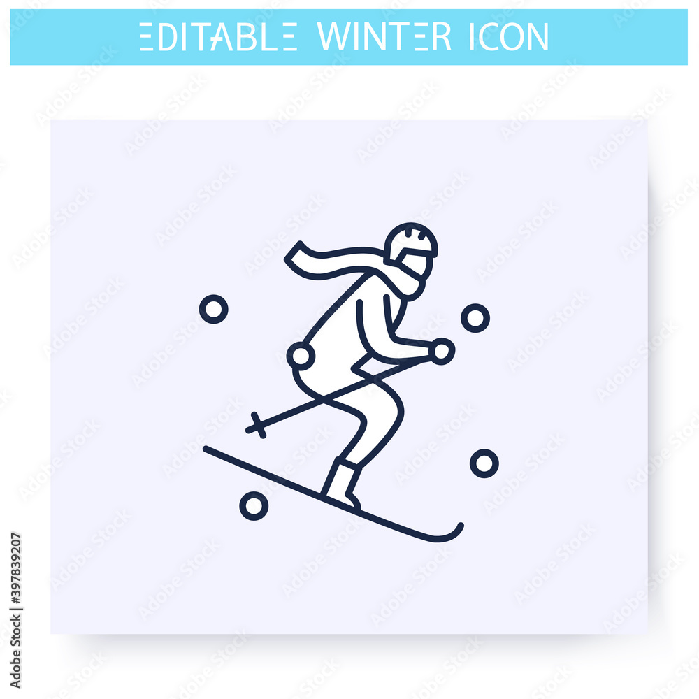 Skiing line icon. Man skates ski. Jumping skier. Winter holidays and leisure concept. Sport, hobby. Isolated vector illustration. Editable stroke 