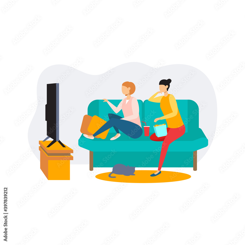 Two friends watching TV together, news, home Two friends watching TV together, news, home
