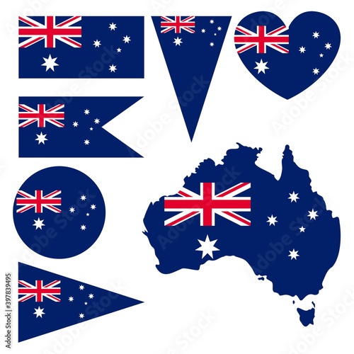 Australian national flag and map. Collection with governmental signs. Red, white, blue. 26 of January. Template for stickers, post cards, banner and posters. Graphic design. Happy Australia Day