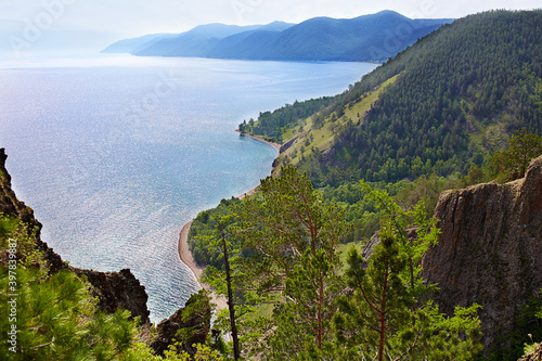 Beautiful view from the cliff-top Skriper.  Lake Baikal on summer day  photo