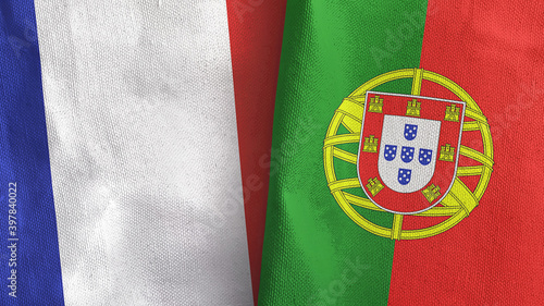 Portugal and France two flags textile cloth 3D rendering