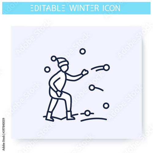 Snowballs play line icon. Man or child playing with snow. Winter holidays, leisure and recreation concept. Christmas mood. Winter fun, outdoors activity. Isolated vector illustration. Editable stroke 