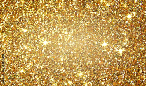 Golden glitter shining background, abstract sparkling texture, festive christmas decor with gold lights, vector illustration