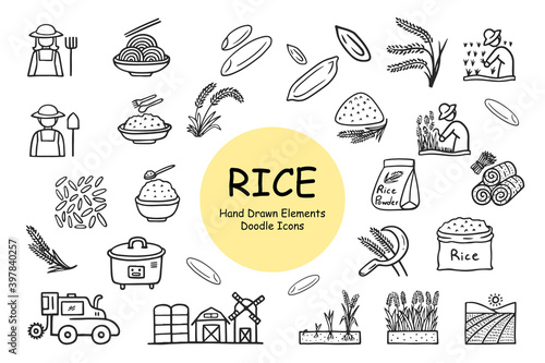 Rice icon set - hand drawn doodle icons photo