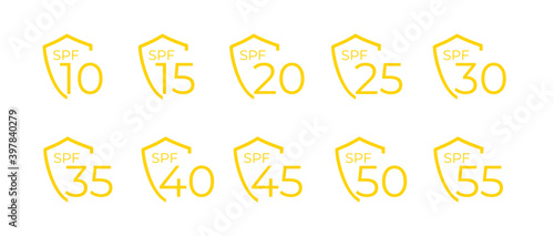 Icons for sunscreen products. Set of flat SPF sun protection icons isolated on white background. spf 30, 50, sun, UV protection, vector illustration