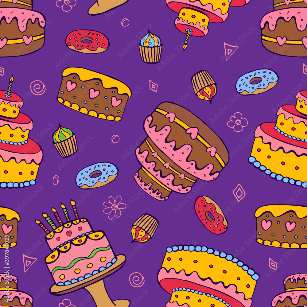 Seamless festive background. Doodle background for birthday, party. Hand-drawn background for packaging, cards, decoration. Seamless festive background. Doodle background for birthday, party. Hand-drawn background for packaging, cards, decoration.