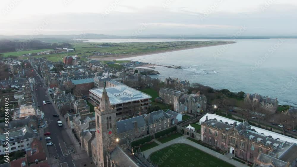Aerial drone shot of the main building of the University of St Andrews in Scotland with St Salvators Chapel Aerial drone shot of the main building of the University of St Andrews in Scotland with St Salvators Chapel