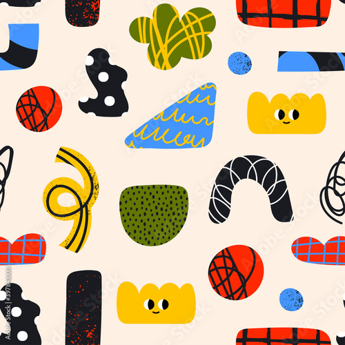 Hand drawn various colorful Shapes and doodle objects. Different textures. Abstract contemporary modern trendy Vector illustration. Square Seamless Pattern. Background, Wallpaper