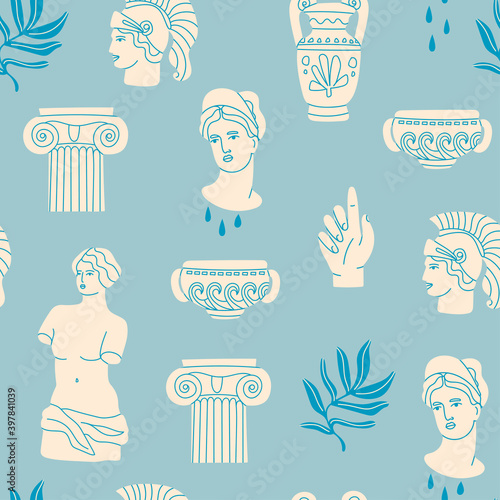 Antique marble statue of woman, column, branch, amphora. Mythical, ancient greek style. Hand drawn trendy Vector illustration. Square Seamless Pattern. Background, wallpaper, poster template