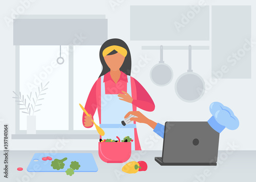 Online cooking school. A woman prepares and looks at an online recipe, the chef teaches how to cook a new recipe. Online training, distance learning, webinars. Flat vector