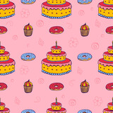 Seamless festive background. Doodle background for birthday, party. Hand-drawn background for packaging, cards, decoration.
