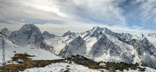 Ski mountain resort in the Caucasus mountains  Dombai  Russia. Panorama