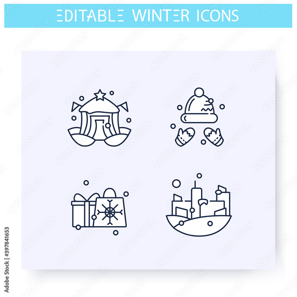 Winter holidays fun line icons set. Snowy city, festive fair and sale, presents. Recreation and leisure concept. Christmas mood. Isolated vector illustration. Editable stroke 