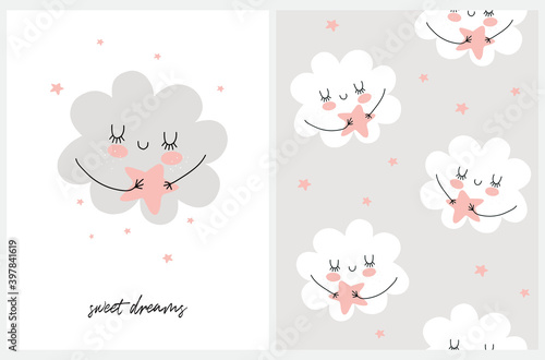 Nursery Card and Seamless Vector Pattern with Cute Hand Drawn Fluffy Cloud and Stars. Funny Repatable Print with White Clouds Isolated on a Light Gray Background ideal for Fabric, Textile. 
