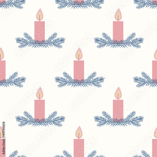 Seamless pattern with candle and coniferous branches.