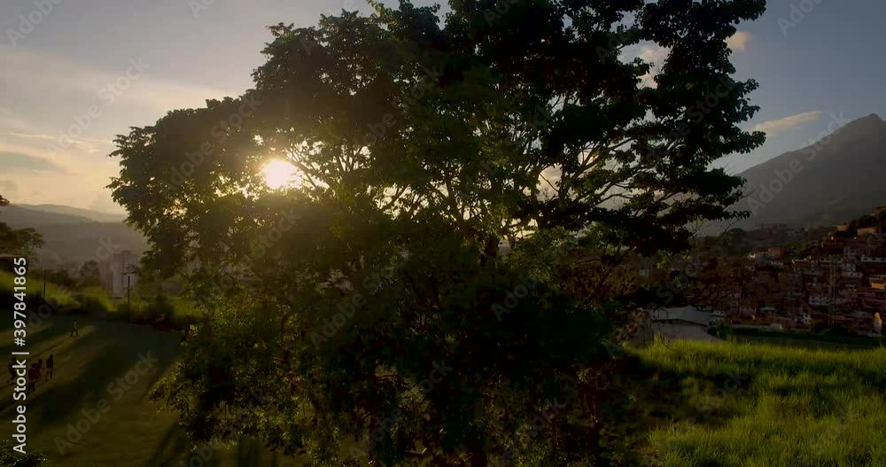 Raising view of a landscape from Petare, Caracas, Venezuela, with sun rays thru a tree Raising view of a landscape from Petare, Caracas, Venezuela, with sun rays thru a tree