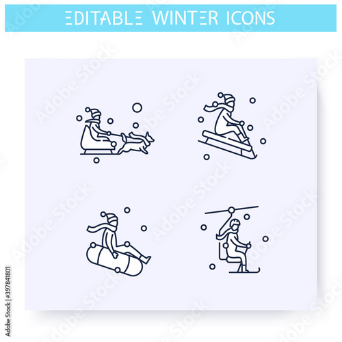 Winter sport line icons set. Outdoors activities, festive entertainments, winter holidays. Recreation and leisure concept. Christmas mood. Isolated vector illustration. Editable stroke 