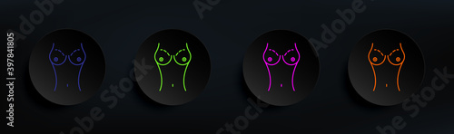 Breast enlarge, augment woman dark badge color set. Simple thin line, outline vector of anti agies icons for ui and ux, website or mobile application