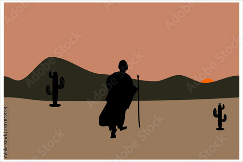 Muslim traveler dervish silhouette walking on dry soil and desert The man is walking toward sunset direction with the saddlebags and scepter. the man is wearing a turban and robe. Cactus in the desert