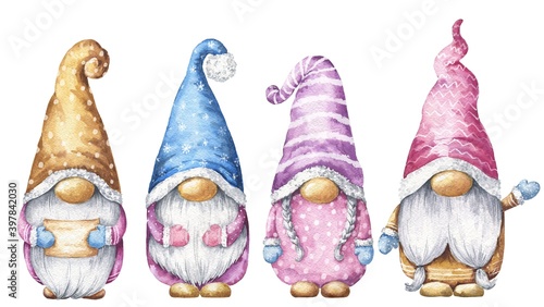 Christmas gnomes watercolor set on white background. Winter season watercolour illustration. photo