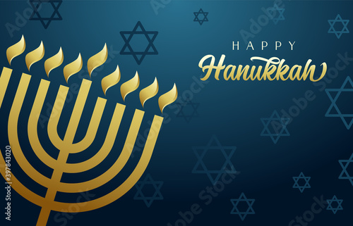 Happy Hanukkah, the Jewish festival of lights, festive blue background with menorah, golden lights and David stars. Holiday hanuka vector illustration