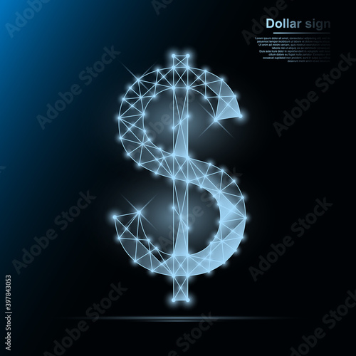 Wireframe dollar sign vector illustration on blue background.