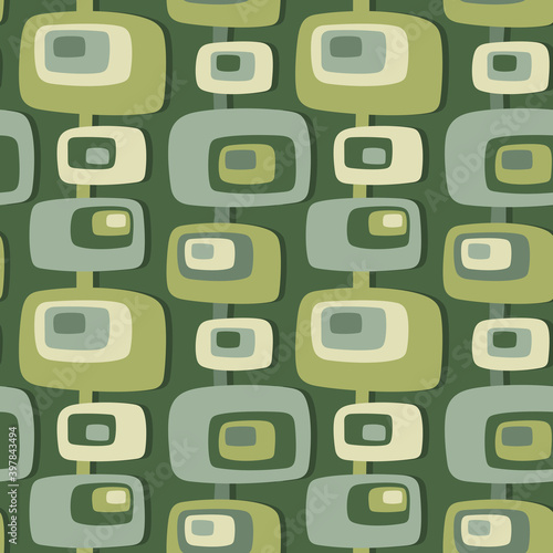 Background mid-century modern art. Abstract geometric seamless vector pattern. Decorative ornament in retro vintage design style. Green color. Atomic stylized backdrop. 