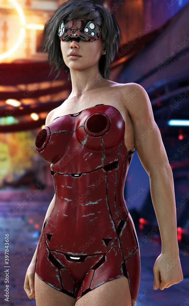 Portrait of a futuristic sci fi female wearing a sexy red suit and a  cybernetic face visor with a urban neon city background . 3d rendering  Illustration Stock | Adobe Stock