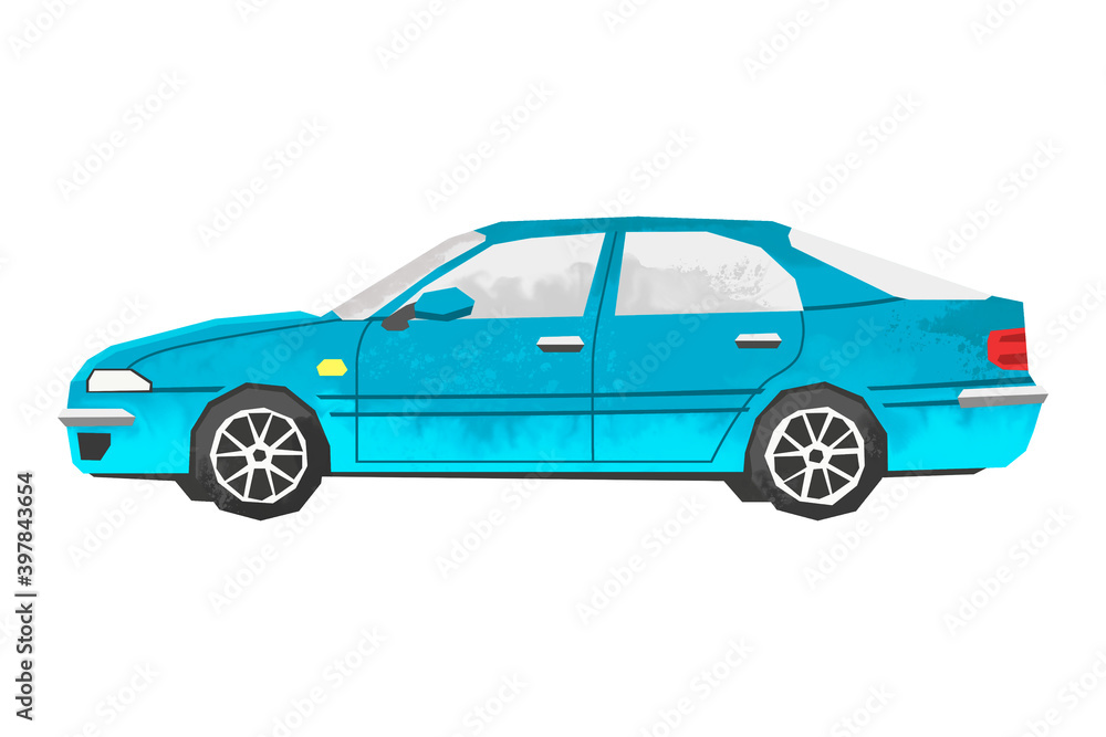 Obraz premium Watercolor blue car. Isolated automobile. Cartoon print for kids room. Side view of vehicle. Urban transportation