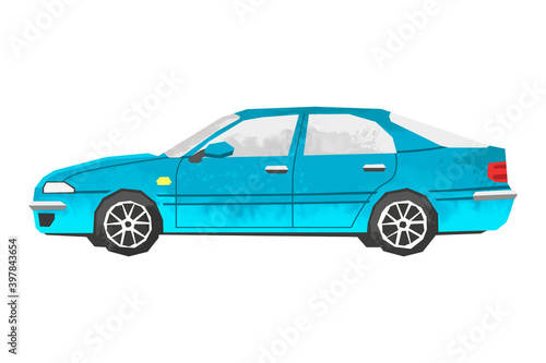 Watercolor blue car. Isolated automobile. Cartoon print for kids room. Side view of vehicle. Urban transportation